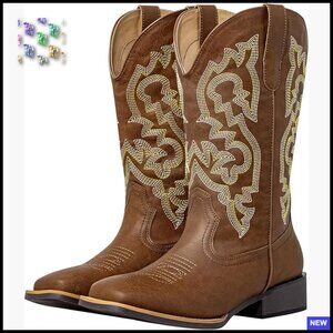 Extra Wide Calf Cowgirl Boots Western Square Toe Removable Cushion Comfort